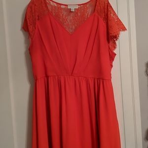 Flowy coral and lace knee length dress